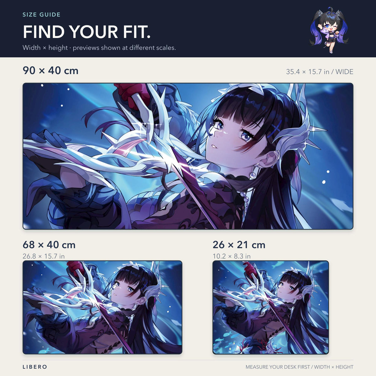 Hysilens mouse pad: size comparison: 26 x 21, 68 x 40 and 90 x 40 cm