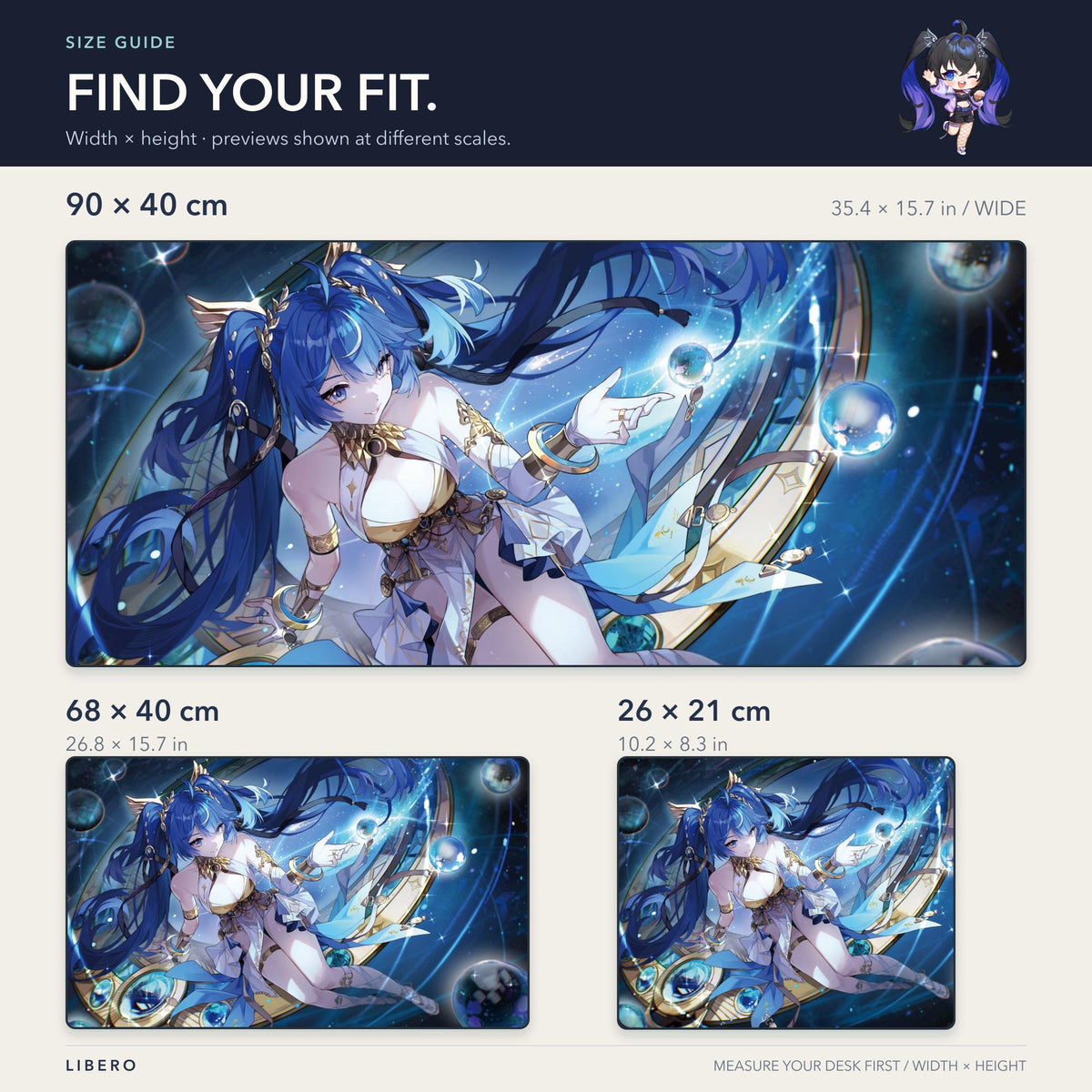 Iuno mouse pad: size comparison: 26 x 21, 68 x 40 and 90 x 40 cm