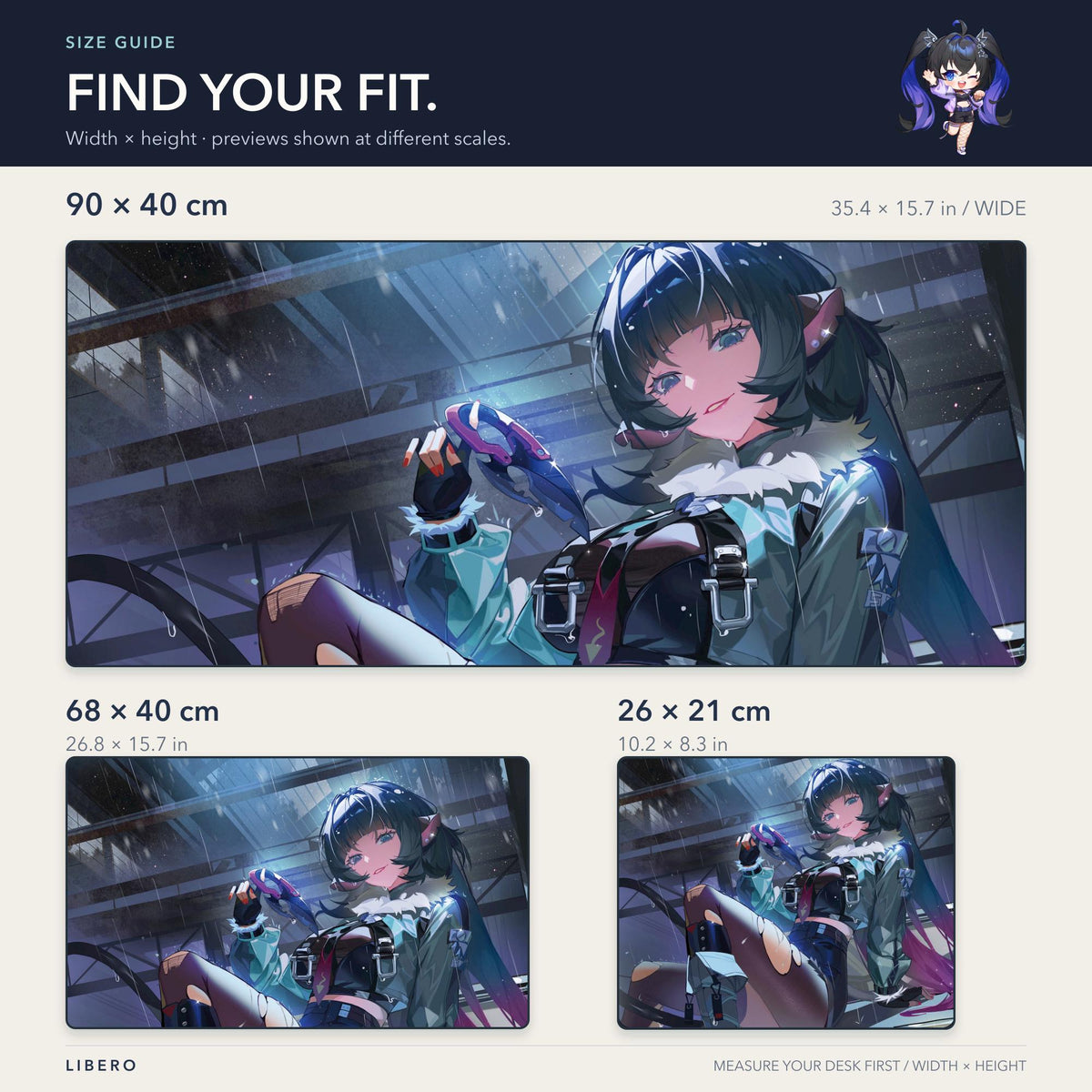 Jane Doe mouse pad: size comparison: 26 x 21, 68 x 40 and 90 x 40 cm