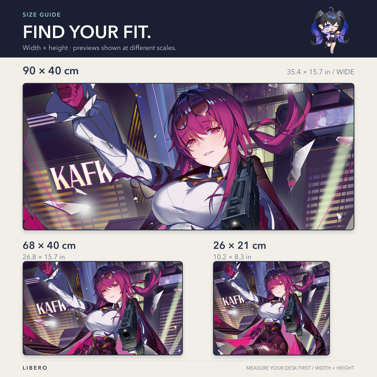 Kafka mouse pad: size comparison: 26 x 21, 68 x 40 and 90 x 40 cm