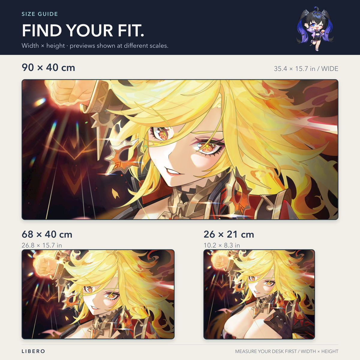 Mavuika mouse pad — size comparison: 26 x 21, 68 x 40 and 90 x 40 cm