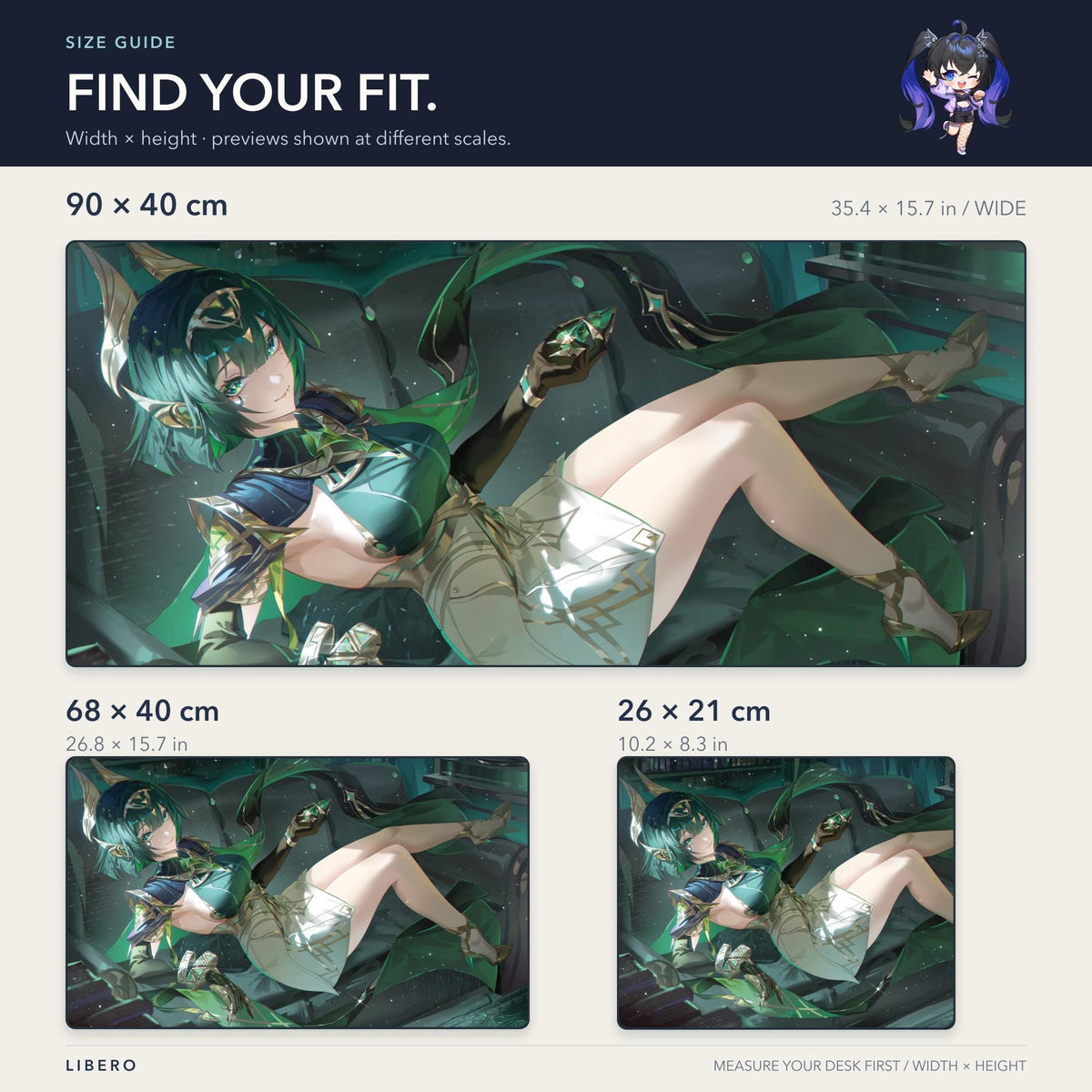 Nefer mouse pad: size comparison: 26 x 21, 68 x 40 and 90 x 40 cm