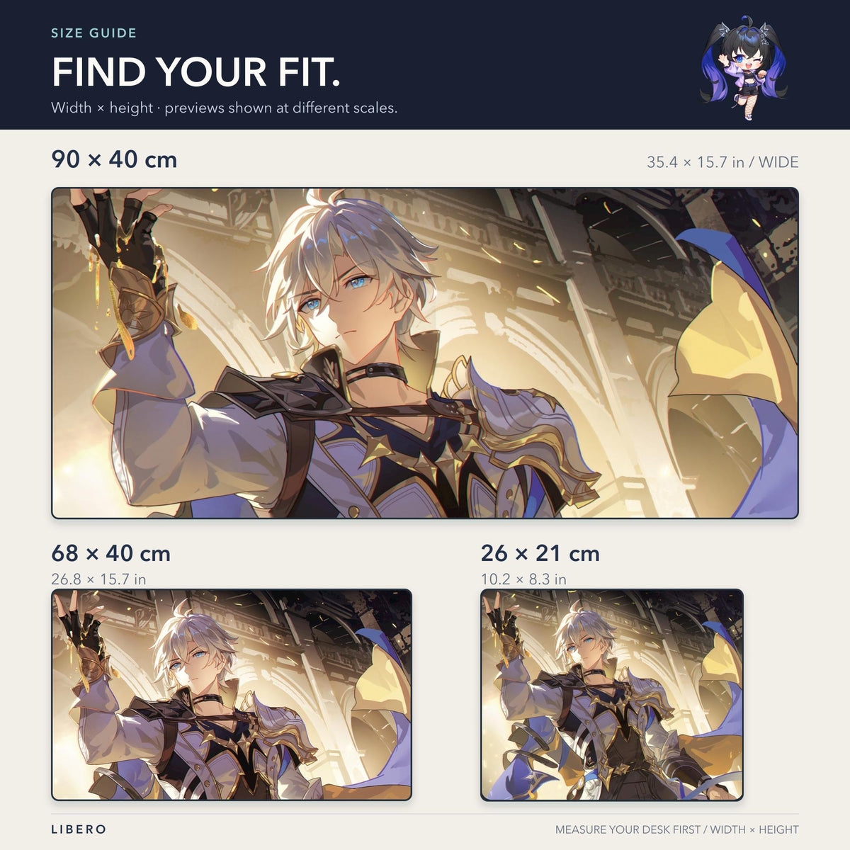 Phainon mouse pad: size comparison: 26 x 21, 68 x 40 and 90 x 40 cm