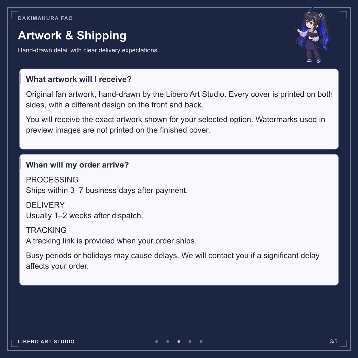 Pillowcase FAQ: original artwork and shipping schedule.