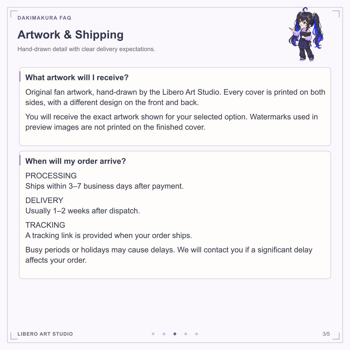Pillowcase FAQ: original artwork and shipping schedule.