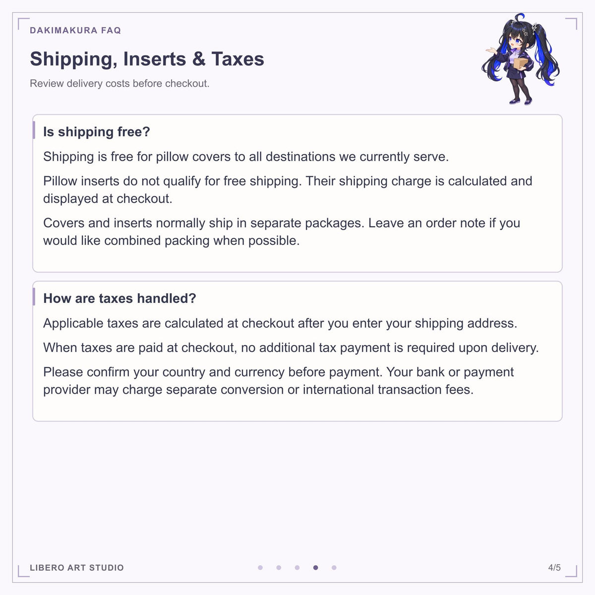 Pillowcase FAQ: shipping, pillow inserts and taxes.