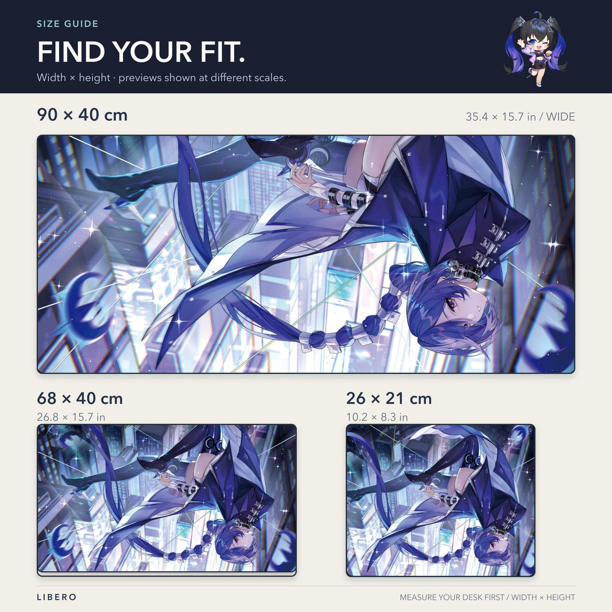 Promeia mouse pad: size comparison: 26 x 21, 68 x 40 and 90 x 40 cm