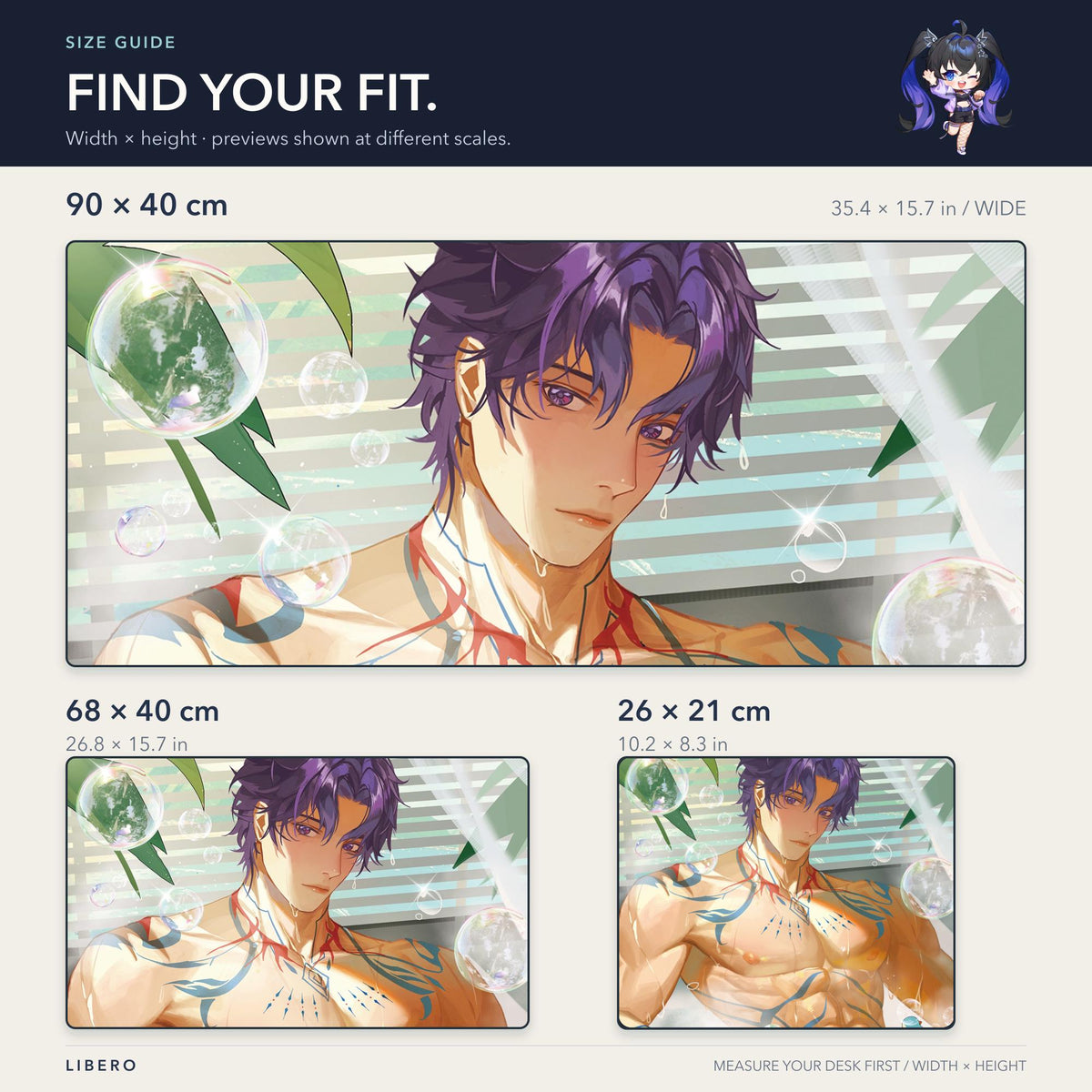 Rafayel mouse pad: size comparison: 26 x 21, 68 x 40 and 90 x 40 cm