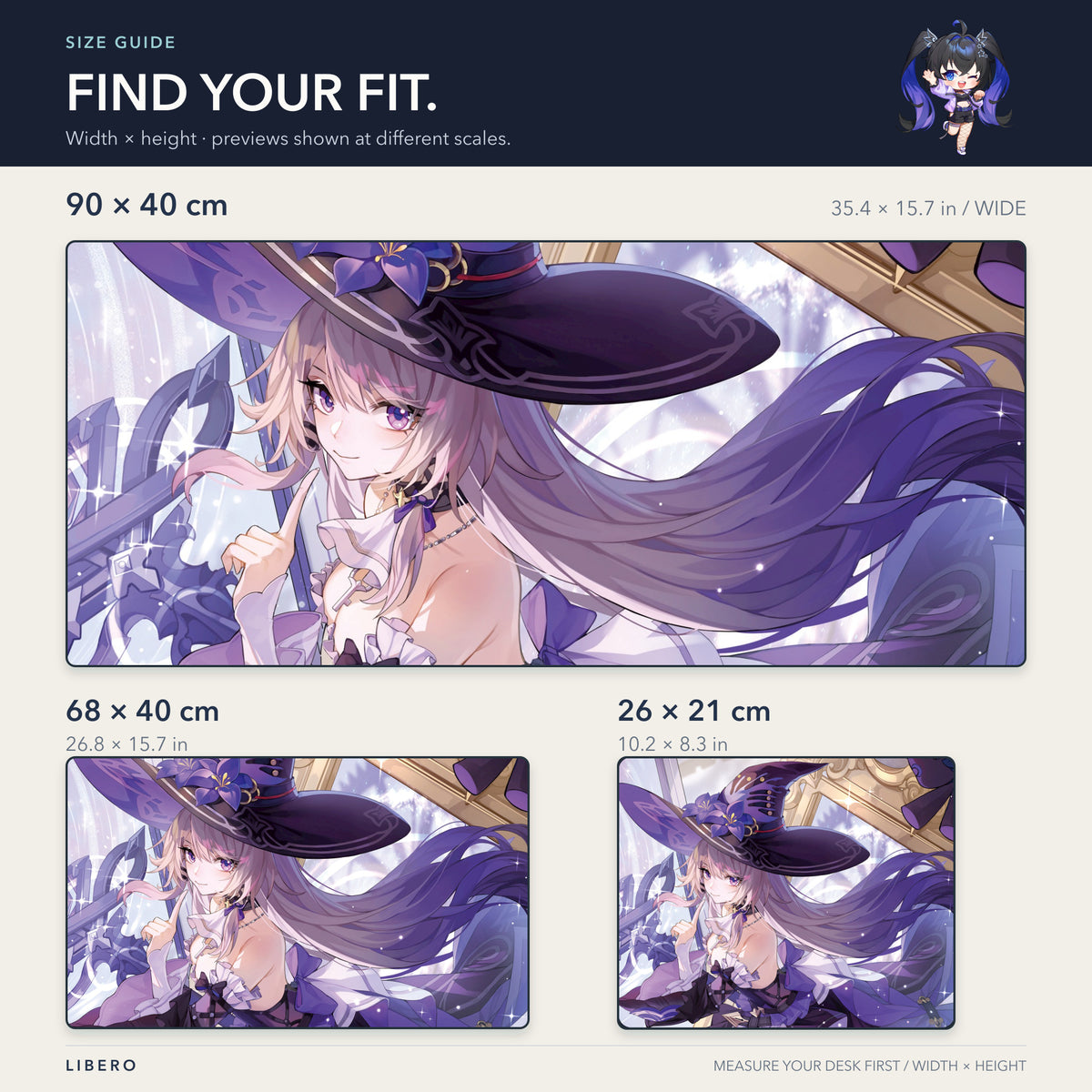 The Herta mouse pad: size comparison: 26 x 21, 68 x 40 and 90 x 40 cm