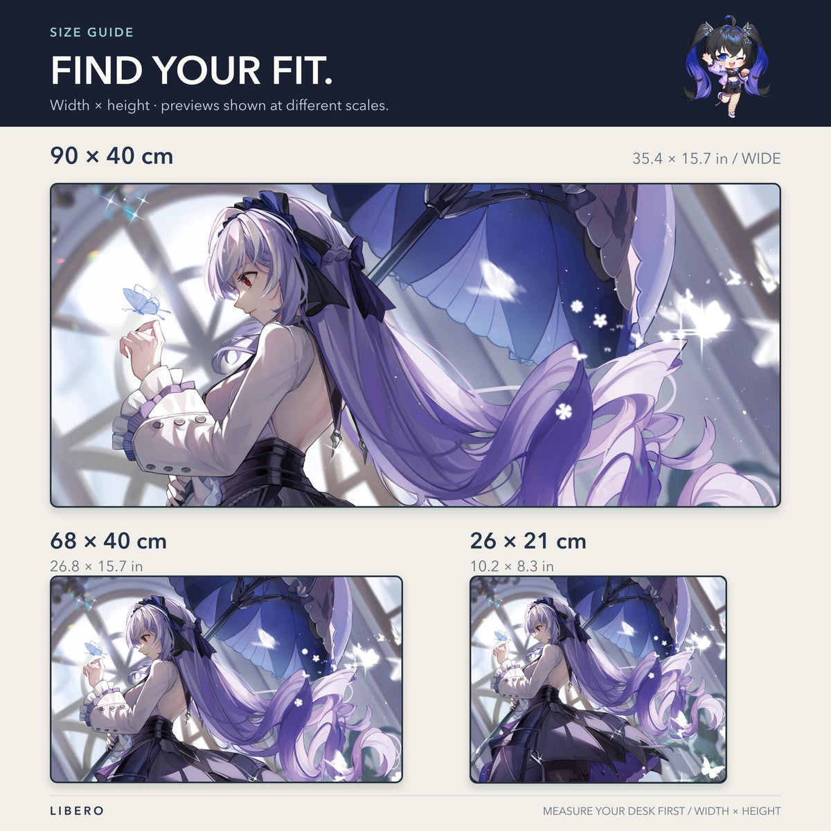 Vivian mouse pad: size comparison: 26 x 21, 68 x 40 and 90 x 40 cm