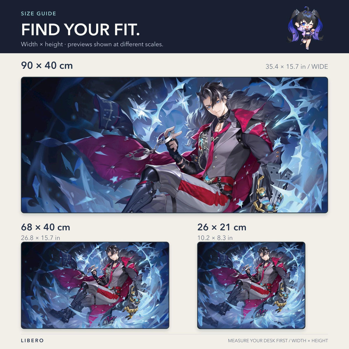 Wriothesley mouse pad: size comparison: 26 x 21, 68 x 40 and 90 x 40 cm