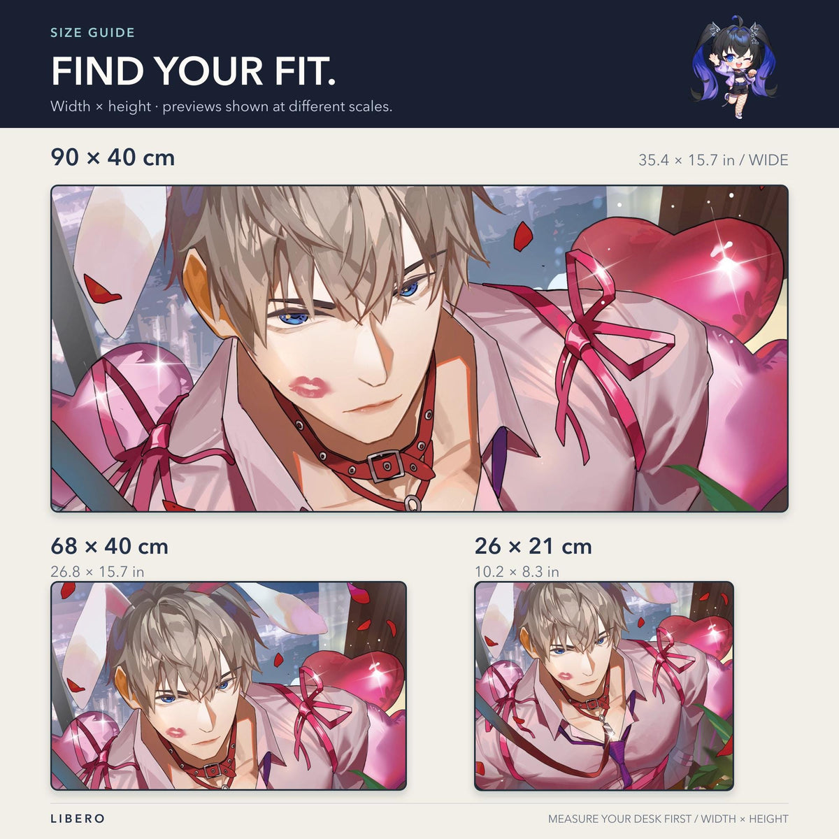 Xavier mouse pad: size comparison: 26 x 21, 68 x 40 and 90 x 40 cm