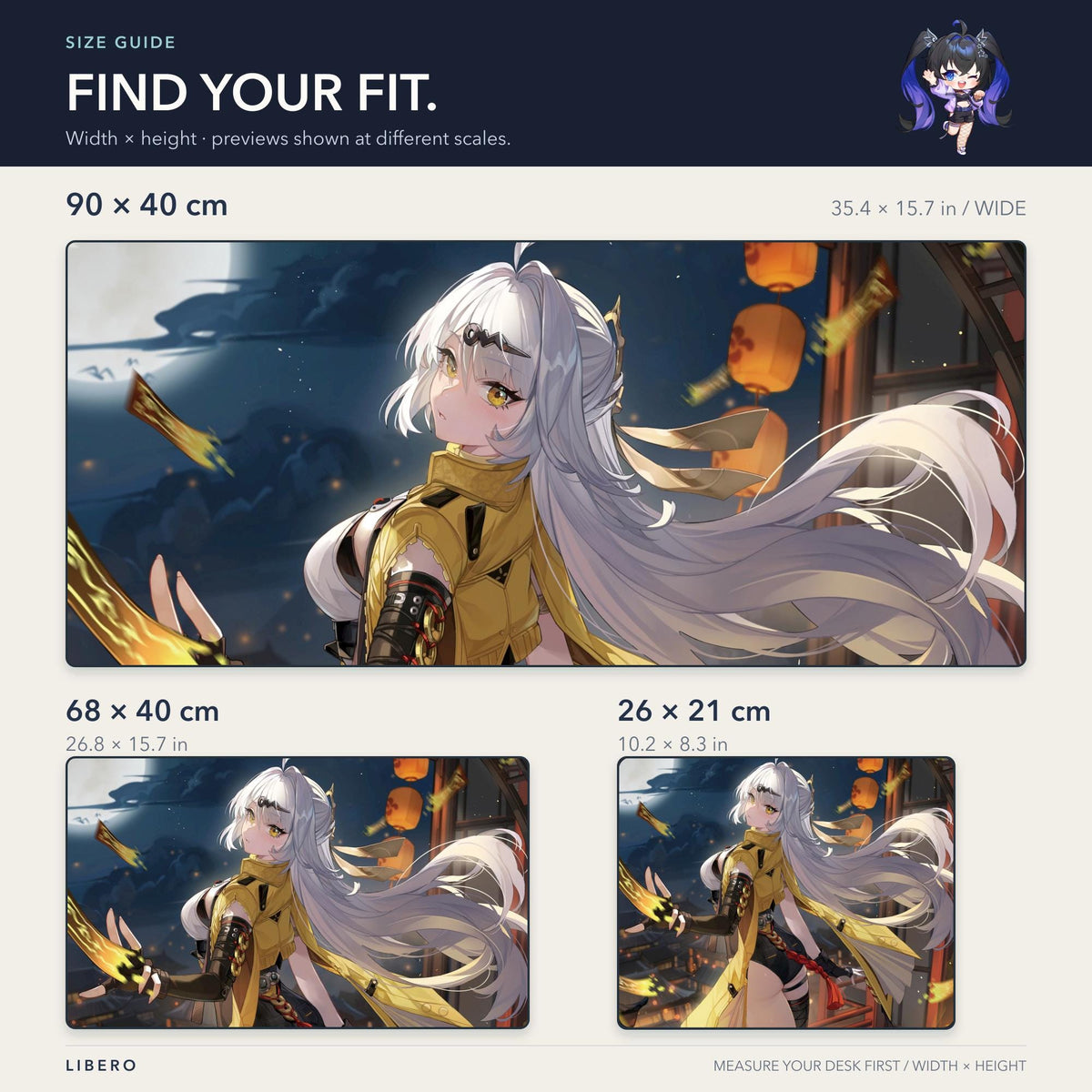 Yixuan mouse pad: size comparison: 26 x 21, 68 x 40 and 90 x 40 cm