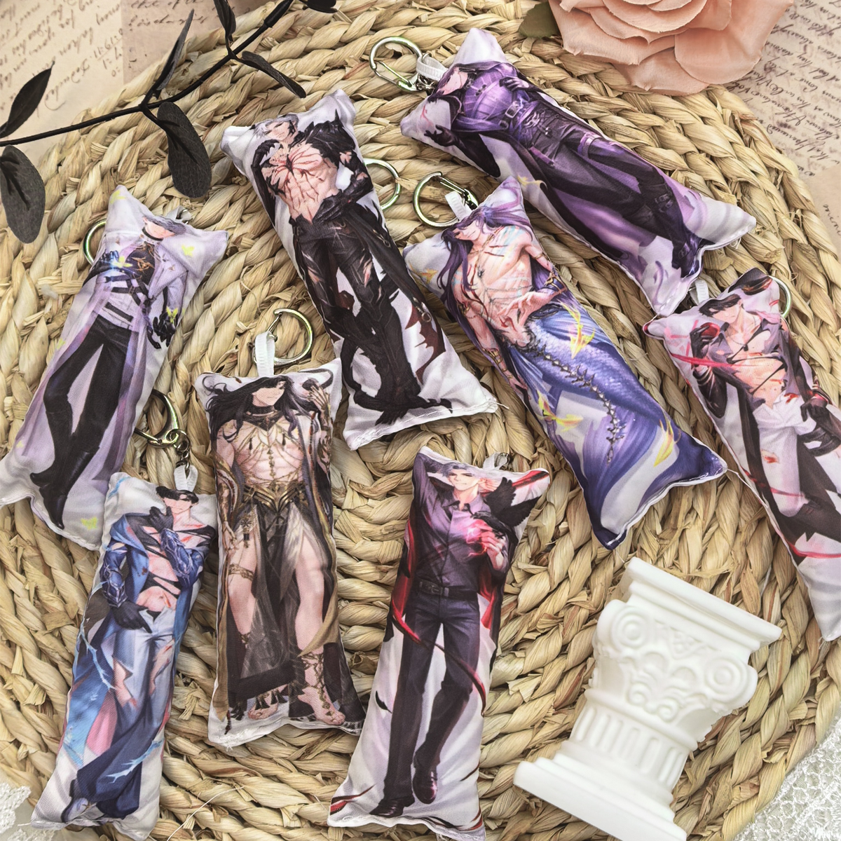 LADS Mini Dakimakura Pillow Keychain, 4 × 12 cm Plush Pillow Charm, Double-Sided Character Art Bag Accessory, Gift for Anime Fans