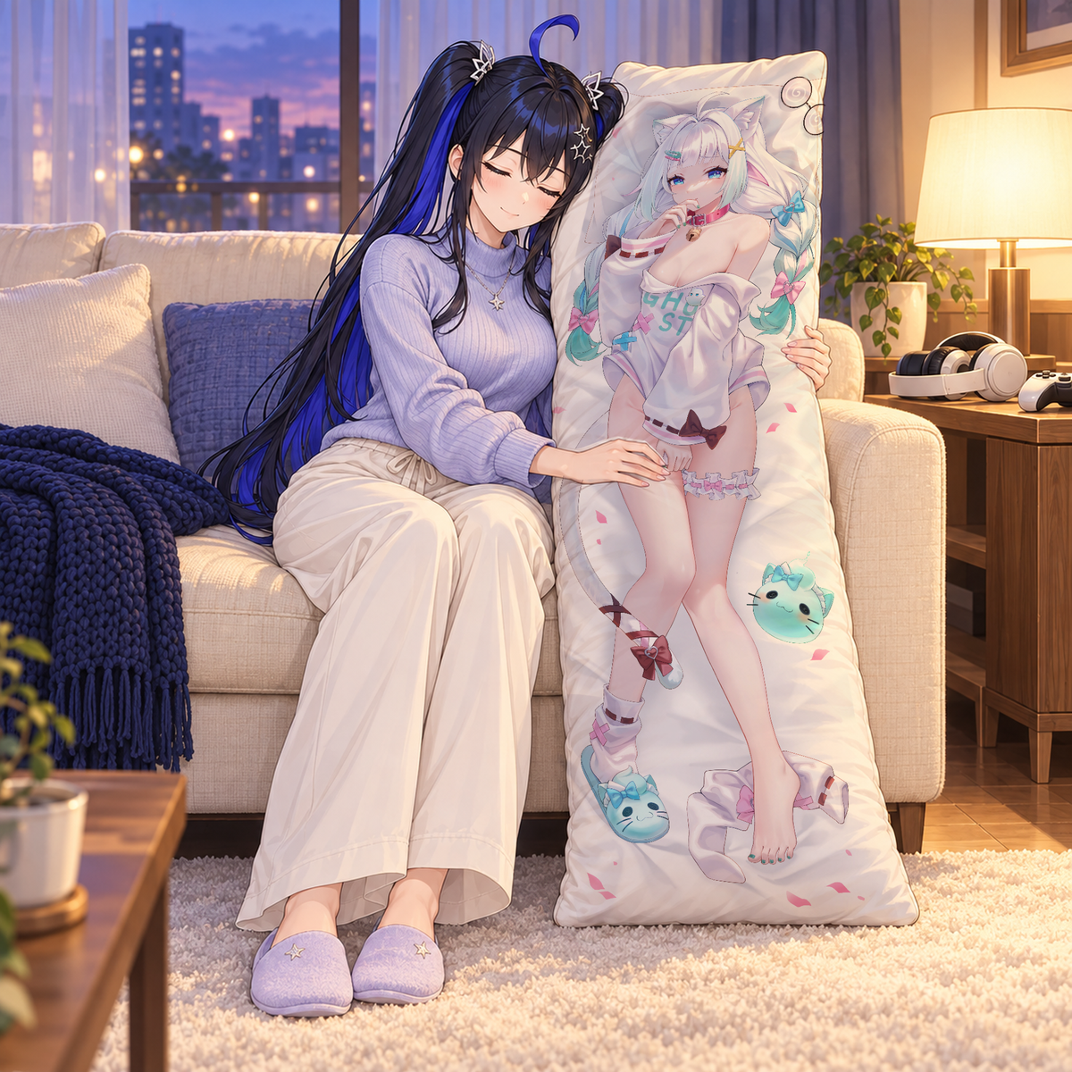 Mint dakimakura pillowcase. Illustrated lifestyle composite showing relaxed support.