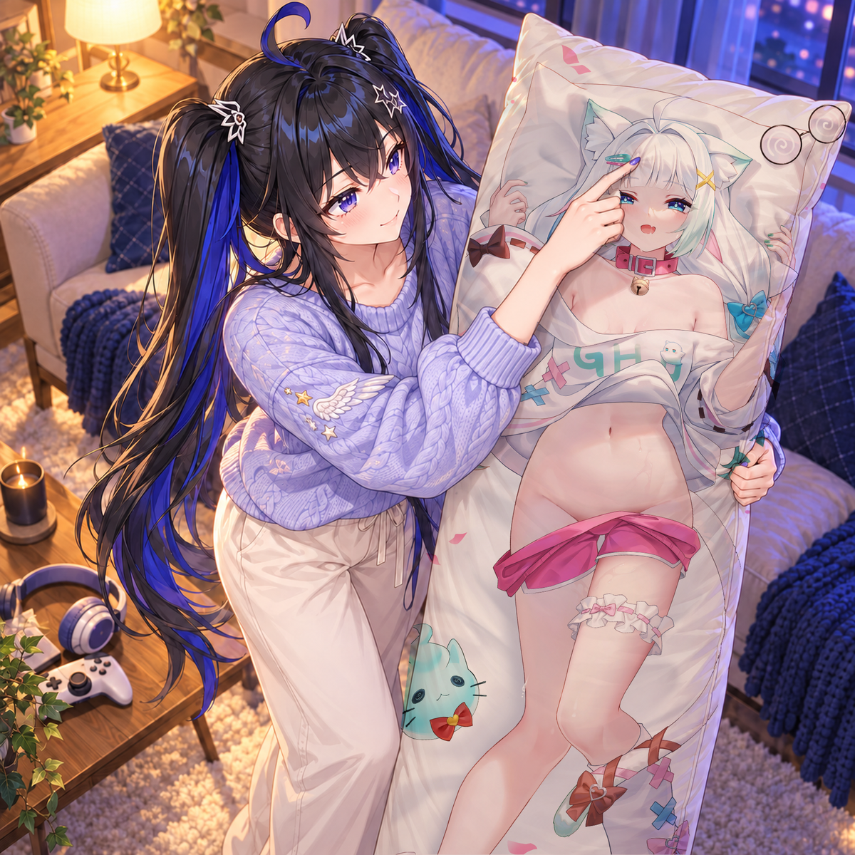 Mint dakimakura pillowcase. Illustrated lifestyle composite showing a gentle hug with the Side B character artwork.