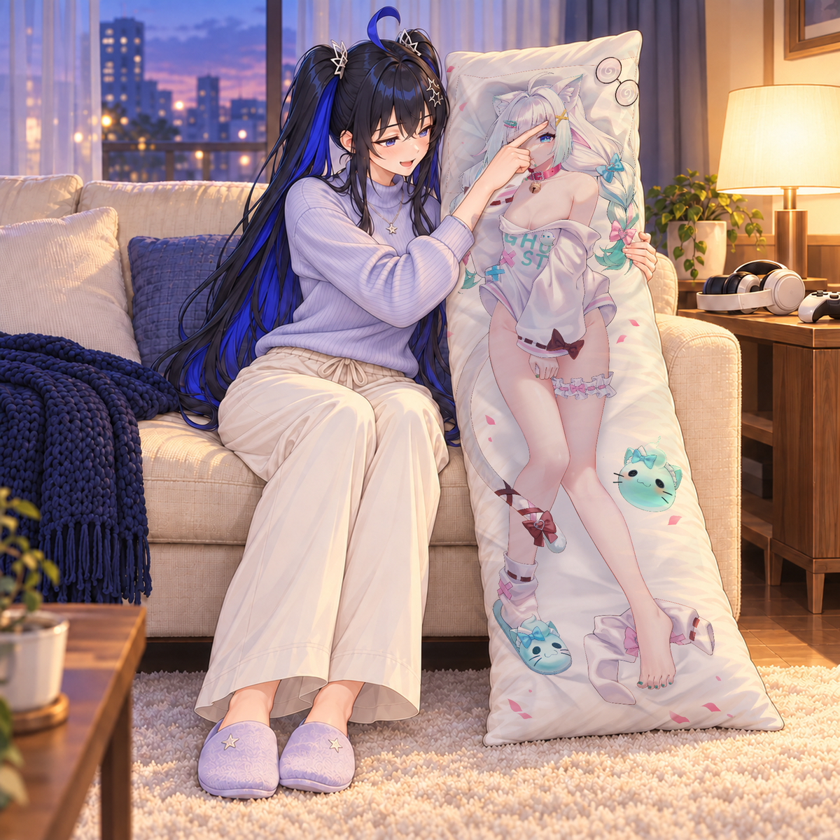 Mint dakimakura pillowcase. Illustrated lifestyle composite showing gentle contact with the printed artwork.