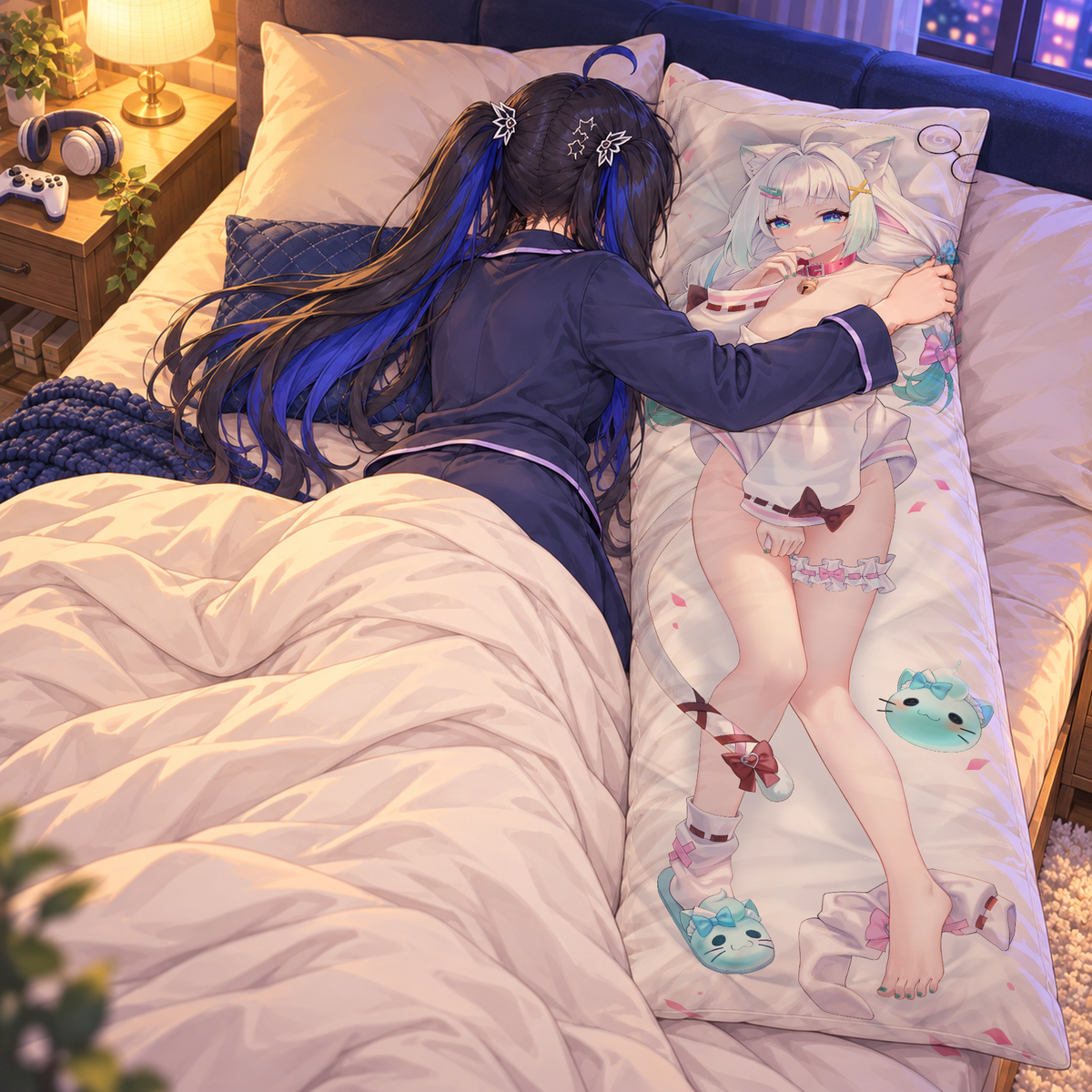 Mint dakimakura pillowcase. Illustrated lifestyle composite showing a sleeping embrace with naturally integrated fabric edges.