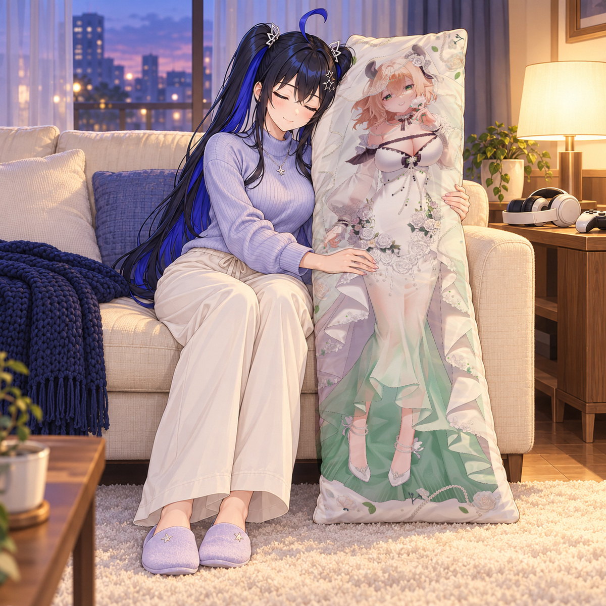 Nimi Nightmare dakimakura pillowcase. Illustrated lifestyle composite showing relaxed support.
