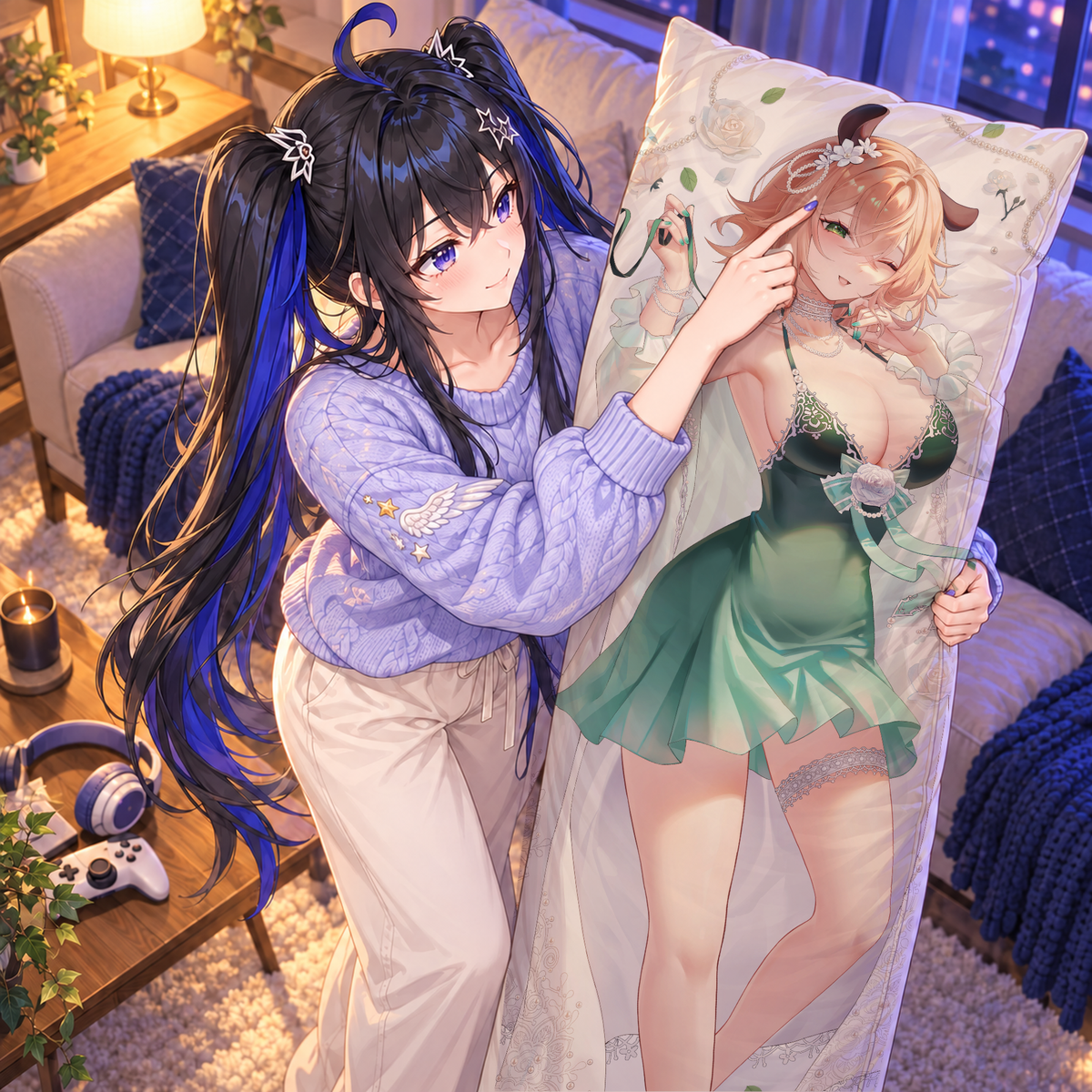 Nimi Nightmare dakimakura pillowcase. Illustrated lifestyle composite showing a gentle hug with the Side B character artwork.
