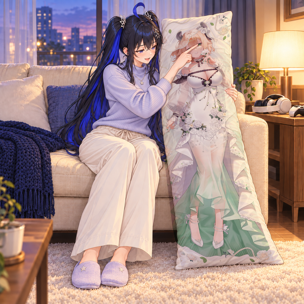 Nimi Nightmare dakimakura pillowcase. Illustrated lifestyle composite showing gentle contact with the printed artwork.