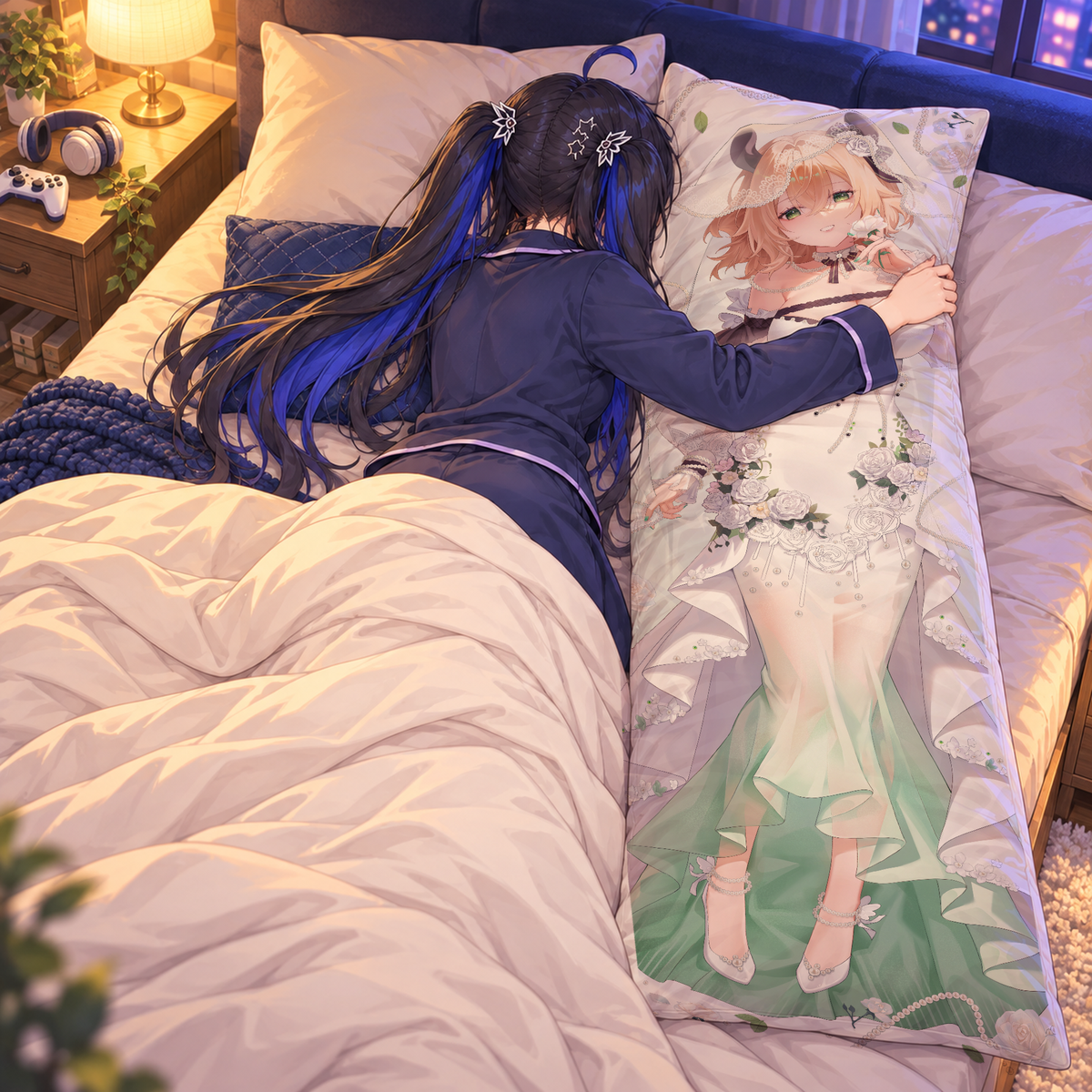 Nimi Nightmare dakimakura pillowcase. Illustrated lifestyle composite showing a sleeping embrace with naturally integrated fabric edges.
