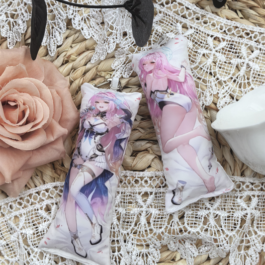 WuWa Mini Dakimakura Pillow Keychain, 4 × 12 cm Plush Pillow Charm, Double-Sided Character Art Bag Accessory, Gift for Anime Fans